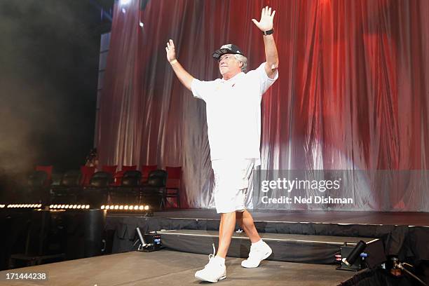 Micky Arison, owner of the Miami Heat celebrates during the championship celebration at the American Airlines Arena on June 24, 2013 in Miami,...