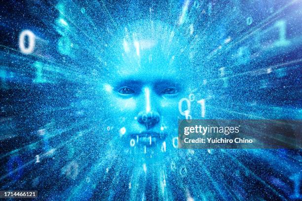 ai robot face appearing by particle and binary data - ai face stock pictures, royalty-free photos & images