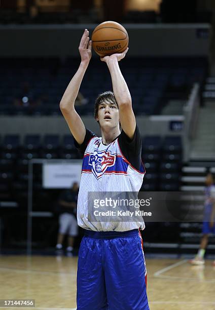 Stephen Zimmerman shoots a free throw during the NBPA Top 100 Camp on June 15, 2013 at John Paul Jones Arena in Charlottesville, Virginia.