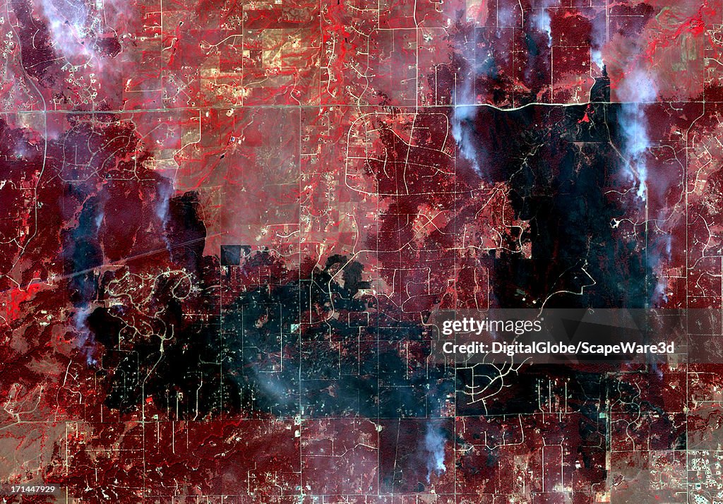 This is an infrared satellite image overview of the Black Forest fires near Colorado SPrings, Colorado collected on June 13, 2013.