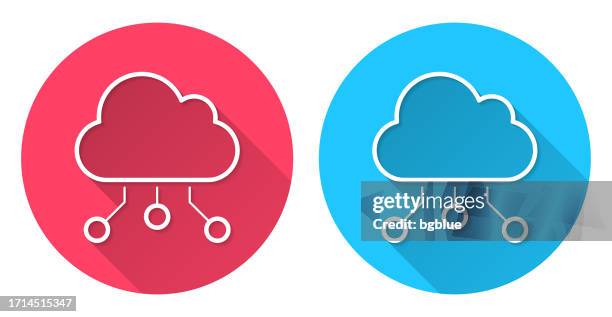 cloud computing. round icon with long shadow on red or blue background - digitalization stock illustrations