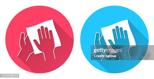 clean and sanitize hands with wipes. round icon with long shadow on red or blue background - kitchen paper stock illustrations