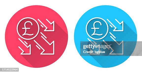 Pound decrease. Round icon with long shadow on red or blue background Pound decrease. Round icon with long shadow on red or blue background