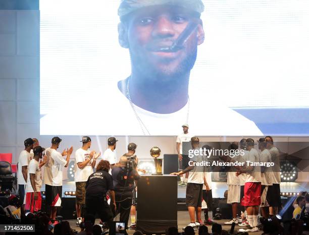 Players of the Miami Heat celebrate the NBA Championship victory rally at the AmericanAirlines Arena on June 24, 2013 in Miami, Florida. The Miami...