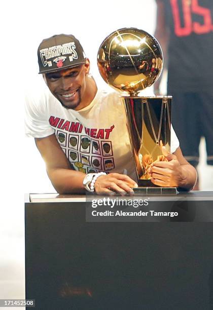 Chris Bosh of the Miami Heat attends the NBA Championship victory rally at the AmericanAirlines Arena on June 24, 2013 in Miami, Florida. The Miami...