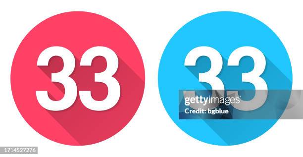 ilustrações de stock, clip art, desenhos animados e ícones de 33 - number thirty-three. round icon with long shadow on red or blue background - número 33