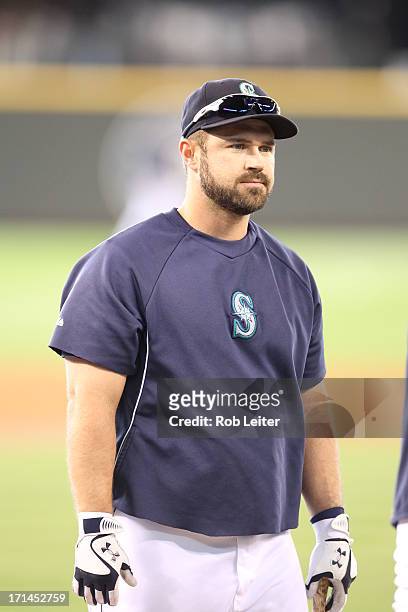 Kelly Shoppach of the Seattle Mariners takes batting practice before the game against the Texas Rangers at Safeco Field on May 25, 2013 in Seattle,...