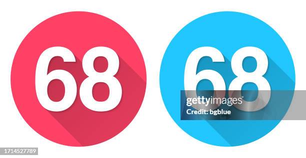 68 Number Sixtyeight Round Icon With Long Shadow On Red Or Blue