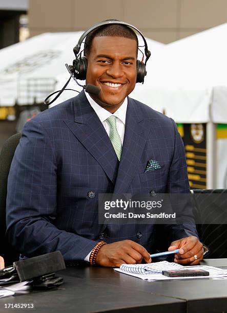 Network hockey analyst Kevin Weekes sits on the panel for Game Six of the 2013 Stanley Cup Final between the Chicago Blackhawks and the Boston Bruins...