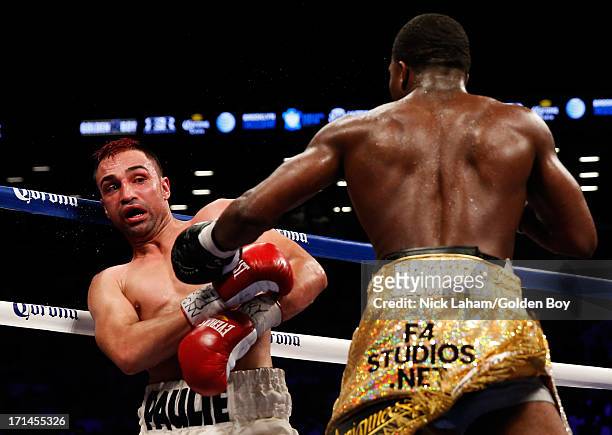 Adrien Broner punches Paulie Malignaggi during their WBA Welterweight Title bout at Barclays Center on June 22, 2013 in the Brooklyn borough of New...