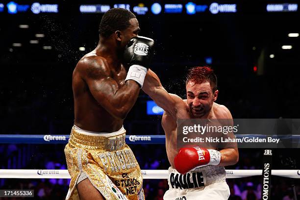 Paulie Malignaggi punches Adrien Broner during their WBA Welterweight Title bout at Barclays Center on June 22, 2013 in the Brooklyn borough of New...