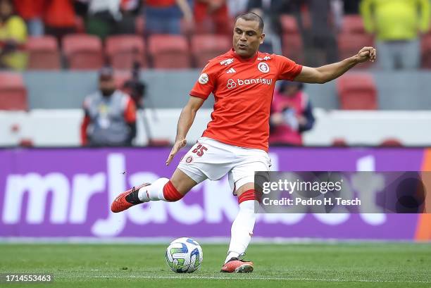 Gabriel Mercado of Internacional makes a pass during the match between Internacional and Gremio as part of Brasileirao 2023 at Beira-Rio Stadium on...