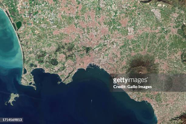 Satellite view of Campi Flegrei, Naples and Mount Vesuvius in the Bay of Naples, Italy.