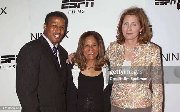 Basketball Coach C. Vivian Stringer , son Justin Stringer and Athletic Director at Rutgers University Julie Hermann attend "Venus Vs." and "Coach"...