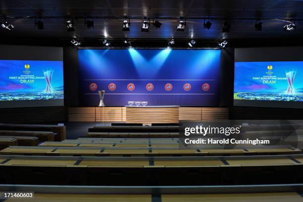 The UEFA Europa League draw room ahead to the UEFA Europa League Q1 and Q2 qualifying rounds draw at the UEFA headquarters on June 24, 2013 in Nyon,...