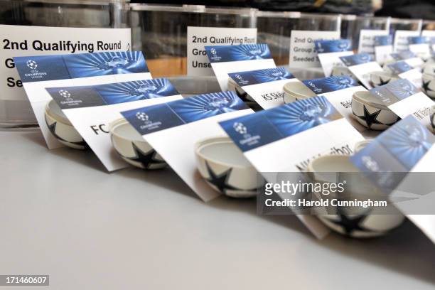The UEFA Champions League qualifying round balls are prepared backstage prior to the UEFA Champions League Q1 and Q2 qualifying rounds draw at the...