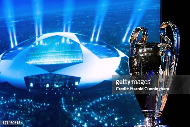 The UEFA Champions League trophy is displayed in the draw room ahead to the UEFA CChampions League Q1 and Q2 qualifying rounds draw at the UEFA...