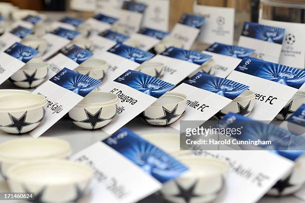 The UEFA Champions League qualifying round balls are prepared backstage prior to the UEFA Champions League Q1 and Q2 qualifying rounds draw at the...