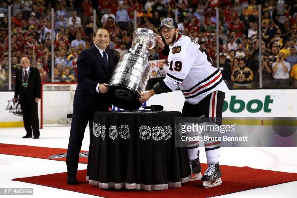 Commissioner Gary Bettman names Patrick Kane of the Chicago Blackhawks the winner of the Conn Smythe Trophy after defeating the Boston Bruins in Game...