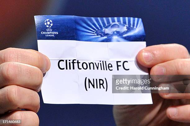 The name Cliftonville FC is seen during the UEFA Champions League Q2 qualifying round draw at the UEFA headquarters on June 24, 2013 in Nyon,...