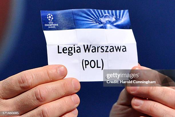 The name Legia Warszawa is seen during the UEFA Champions League Q2 qualifying round draw at the UEFA headquarters on June 24, 2013 in Nyon,...