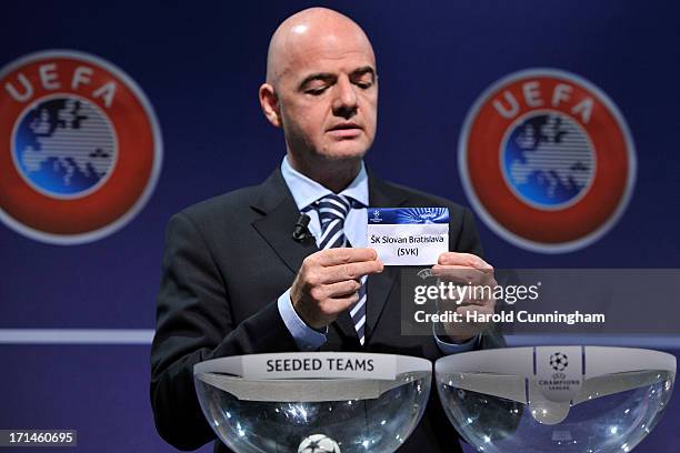 Gianni Infantino, UEFA General Secretary, shows the name SK Slovan Bratislava during the UEFA Champions League Q2 qualifying round draw at the UEFA...