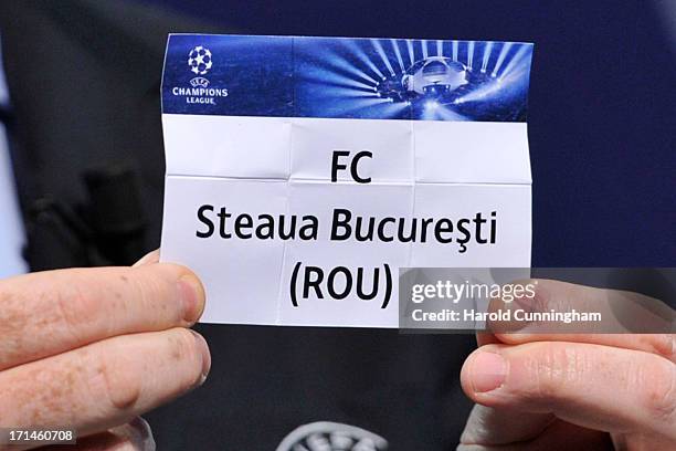 The name Steaua Bucuresti is seen during the UEFA Champions League Q2 qualifying round draw at the UEFA headquarters on June 24, 2013 in Nyon,...