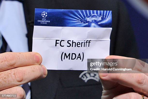 The name FC Sheriff is seen during the UEFA Champions League Q2 qualifying round draw at the UEFA headquarters on June 24, 2013 in Nyon, Switzerland.