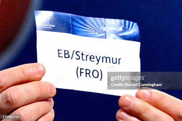 The name EB/Streymur is seen during the UEFA Champions League Q1 qualifying round draw at the UEFA headquarters on June 24, 2013 in Nyon, Switzerland.