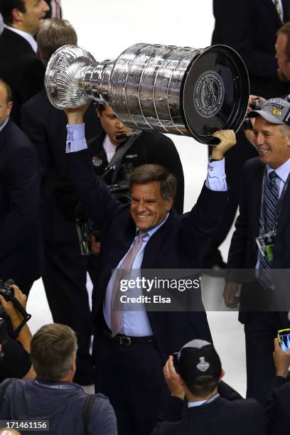 William "Rocky" Wirtz, team owner Chicago Blackhawks celebrates with the Stanley CUp after they won 3-2 against the Boston Bruins in Game Six of the...