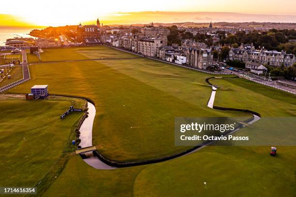 An aerial view of the St Andrews Old Course prior to the Alfred Dunhill Links Championship at the St Andrews Old Course on October 3, 2023 in St...