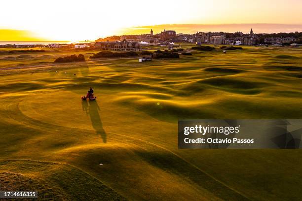 An aerial view of the St Andrews Old Course prior to the Alfred Dunhill Links Championship at the St Andrews Old Course on October 3, 2023 in St...