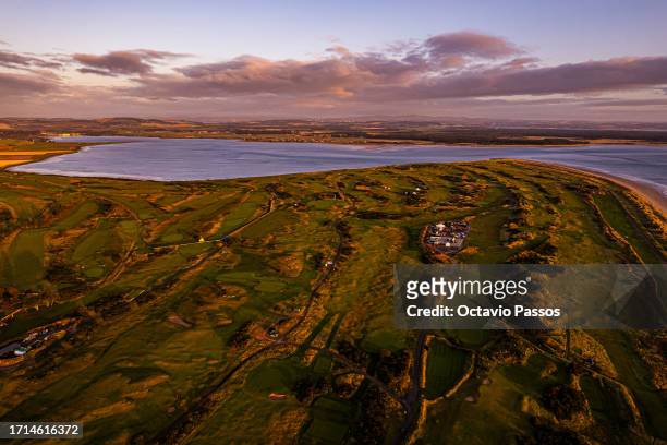 An aerial view of the St Andrews Old Course prior to the Alfred Dunhill Links Championship at the St Andrews Old Course on October 3, 2023 in St...