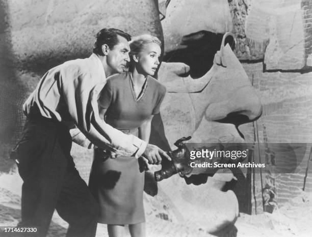North by Northwest' 1959 Cary Grant and Eva Marie Saint on the run by Mount Rushmore Teddy Roosevelt carving in a scene from the Alfred Hitchcock...