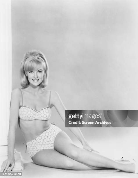 Shelly Fabares poses in bikini for 1960's publicity portrait.