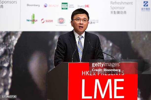 Chan, Hong Kong's secretary for financial services and the treasury, speaks during the London Metal Exchange Week Asia 2013 Seminar in Hong Kong,...