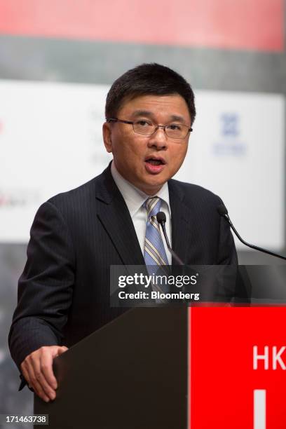 Chan, Hong Kong's secretary for financial services and the treasury, speaks during the London Metal Exchange Week Asia 2013 Seminar in Hong Kong,...