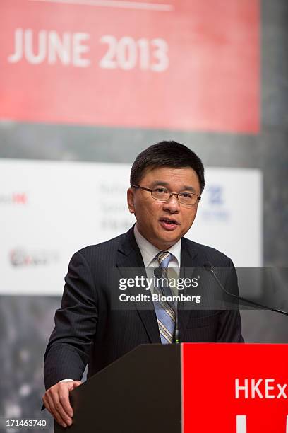 Chan, Hong Kong's secretary for financial services and the treasury, speaks during the London Metal Exchange Week Asia 2013 Seminar in Hong Kong,...