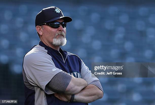 Seattle Mariners manager Eric Wedge looks on prior to the start of the game against the Los Angeles Angels of Anaheim at Angel Stadium of Anaheim on...
