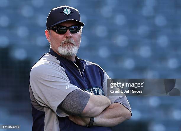 Seattle Mariners manager Eric Wedge looks on prior to the start of the game against the Los Angeles Angels of Anaheim at Angel Stadium of Anaheim on...