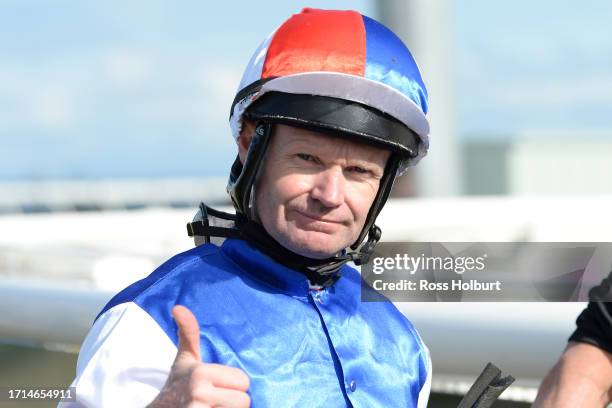 Brian Higgins after winning the DeBortoli Wines Friday Night 20 October BM58 Hcp at Sportsbet Pakenham Synthetic track on October 09, 2023 in...