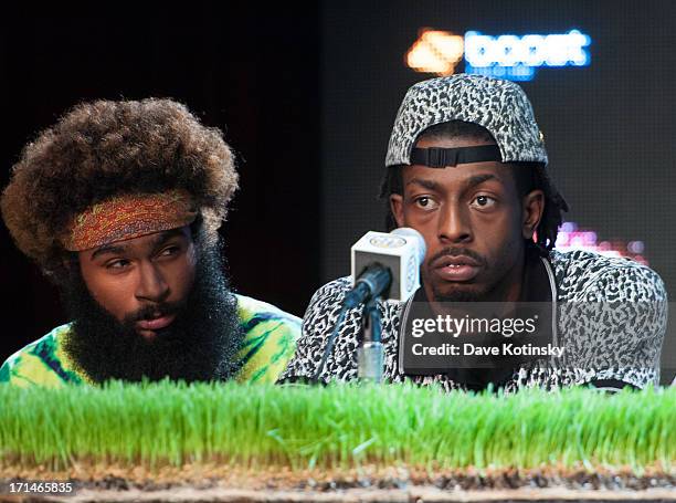 Zombie Juice and Meechy Darko of The Flatbush Zombies attend the Rock The Bells 2013 press conference and launch party at Highline Ballroom on June...