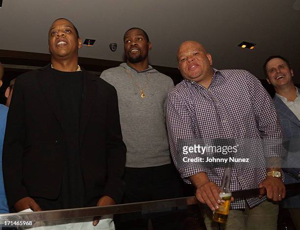 Jay-Z, Kevin Durant and Shawn 'Pecas' Costner attend The "Super Heroes" Fundraiser And Domino Tournament at The 40/40 Club on June 24, 2013 in New...