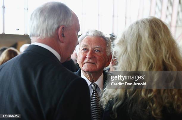 Bob Hawke talks with Paul Keating and Annita Keating as they attend a state memorial service for the late Hazel Hawke, ex-wife of former Australian...