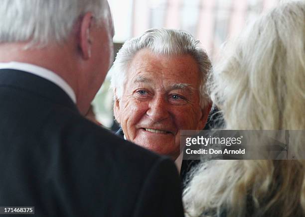 Bob Hawke talks to Paul Keating and Annita Keating during a state memorial service for the late Hazel Hawke, ex-wife of former Australian Prime...
