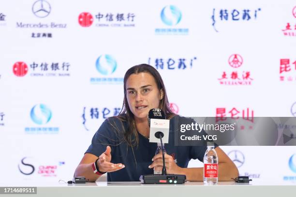 Aryna Sabalenka of Belarus attends a press conference after winning the Women's Singles Round of 32 match against Katie Boulter of Great Britain on...