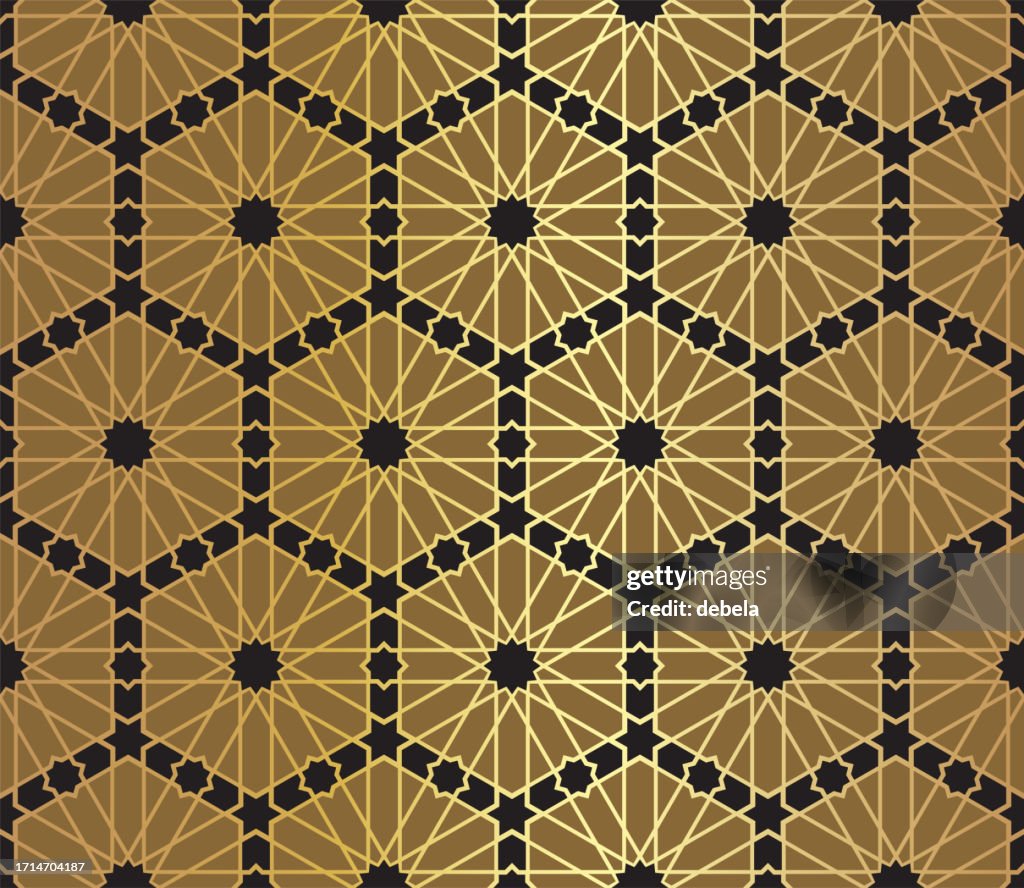 Gold and black Arabic pattern. Ornamental geometric fabric swatch close-up.