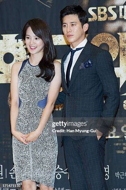 South Korean actors Yoon Seung-A and Ko Soo attend during the SBS Drama 'Empire of Gold' press conference on June 25, 2013 in Seoul, South Korea. The...