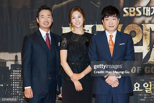 South Korean actors Ryu Seung-Soo, Jang Shin-Young and Son Hyun-Joo attend during the SBS Drama 'Empire of Gold' press conference on June 25, 2013 in...