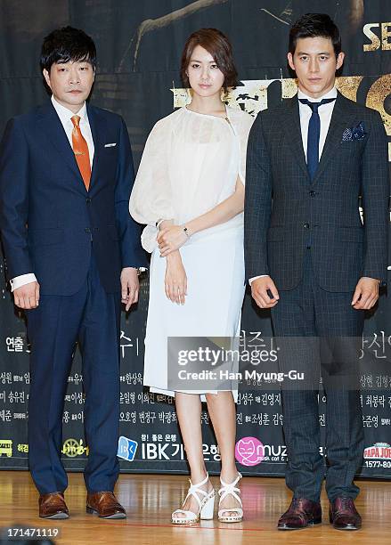 South Korean actors Son Hyun-Joo , Lee Yo-Won and Ko Soo attend during the SBS Drama 'Empire of Gold' press conference on June 25, 2013 in Seoul,...